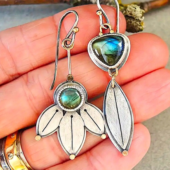 Bohemian Leaf Lotus Dangle Earrings Mix Match Geometric Stainless Steel Silver - Picture 2 of 3